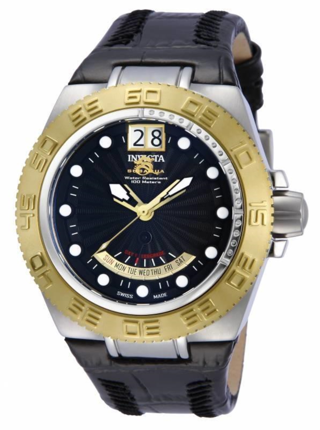 Invicta 10876 Subaqua Sport Swiss Made Day Date Leather Strap Mid Size Watch