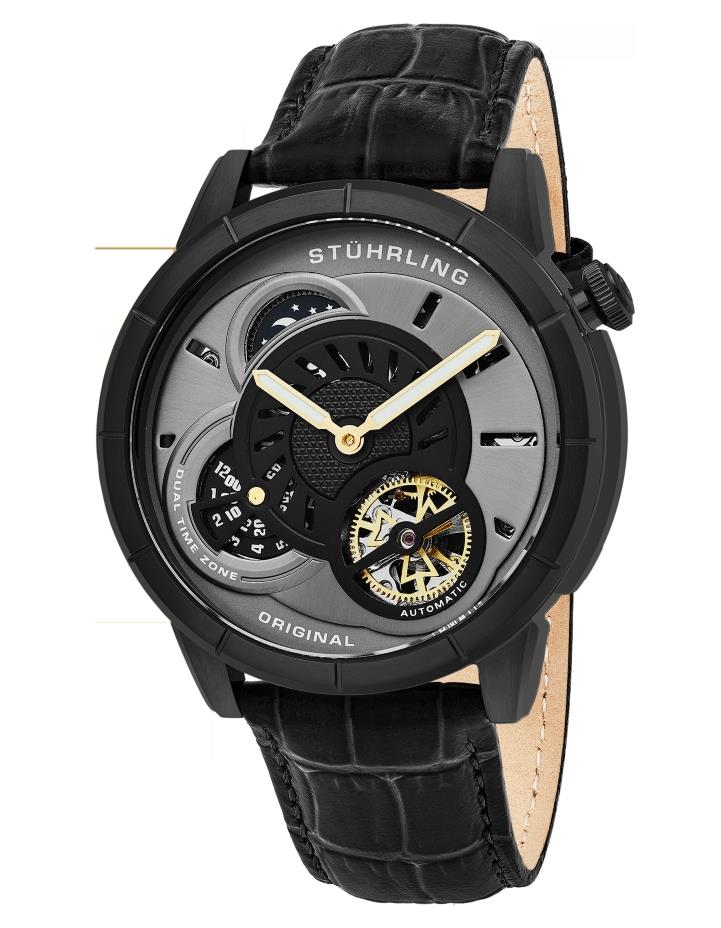 Stuhrling 686 03 Tesla Dual Time Open Heart Automatic Black Leather ...