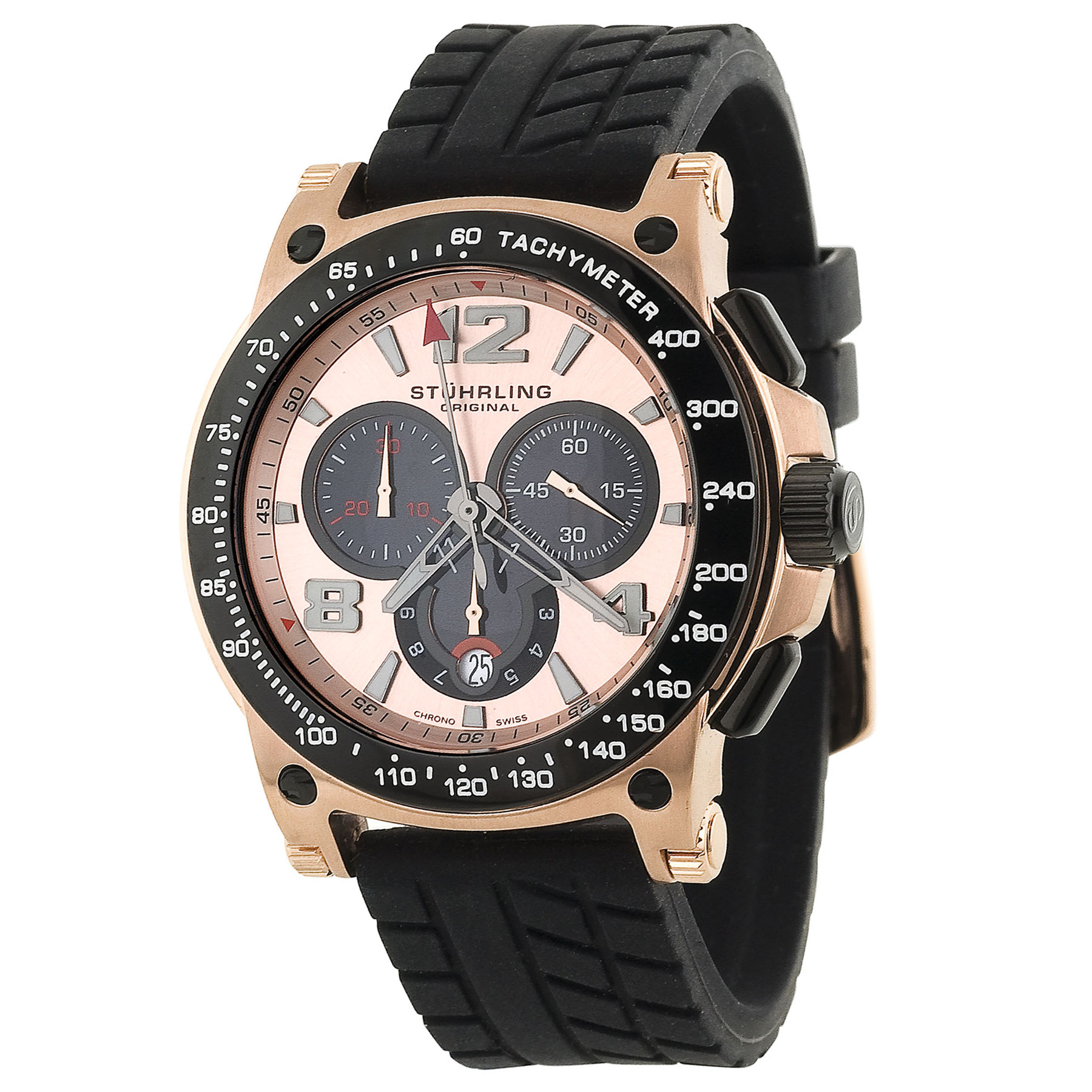 Stuhrling 234 Monaco Concorso Rose Chronograph Black Rubber Date Mens Watch