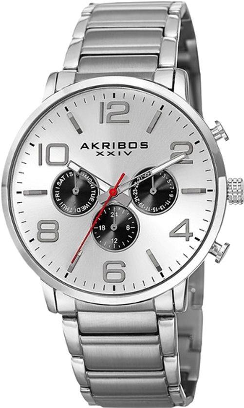 Akribos XXIV AK803SSW Quartz Day Date GMT Silvertone Stainless Steel Mens Watch